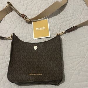 Michael Kors Brown MK Monogram Crossbody with Gold Accents